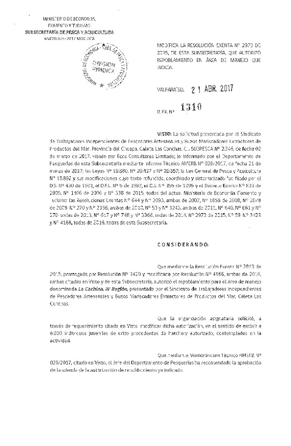 Res. Ex. N° 1310-2017 Modifica Res. Ex. N° 2973-2015.