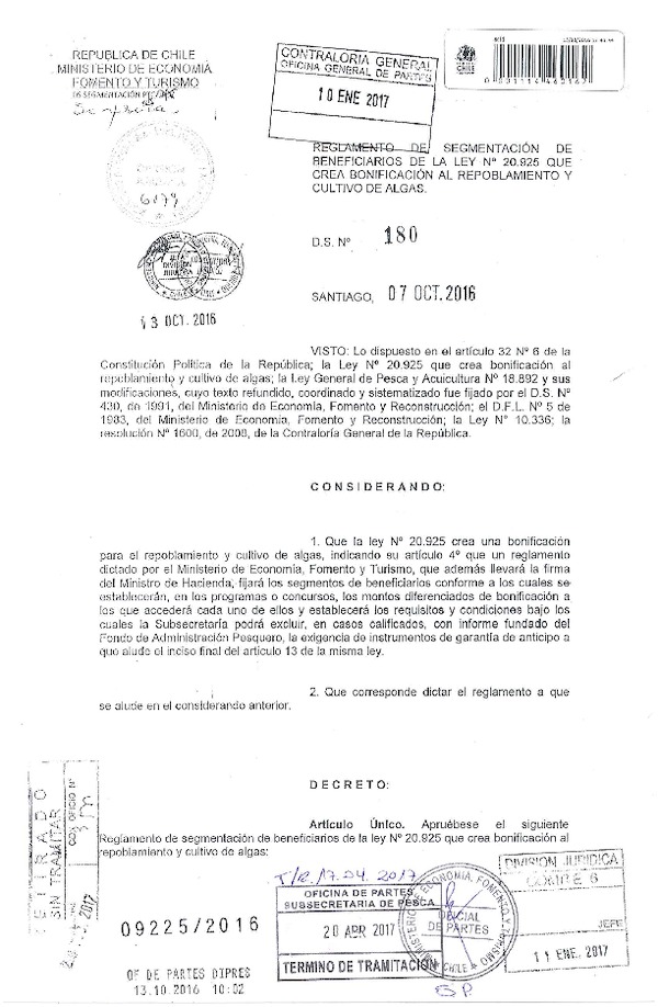 D.S. N° 180-2016 Reglamento de Segmentación de Beneficiarios de la Ley N° 20.925 que Crea Bonificación al Repoblamiento y Cultivo de Algas. (F.D.O. 26-04-2017)