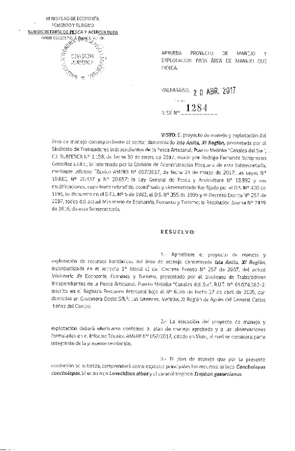 Res. Ex. N° 1284-2017 Plan de Manejo.