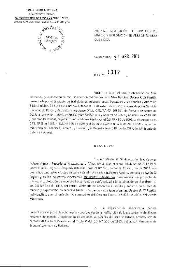 Res. Ex. N° 1317-2017 Proyecto de Manejo.