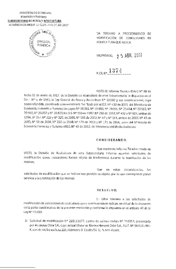 Res. Ex. N° 1374-2017 Da termino a procedimiento de modificación de concesiones de acuicultura que indica.