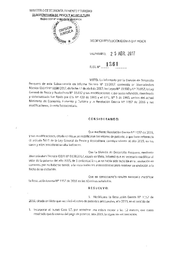 Res. Ex. N° 1361-2017 Modifica Res. Ex. N° 1157-2016 Cobros de Patentes Artesanales Año 2015.