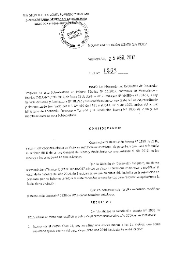 Res. Ex. N° 1362-2017 Modifica Res. Ex. N° 1838-2016 Cobros de Patentes Artesanales Año 2016.