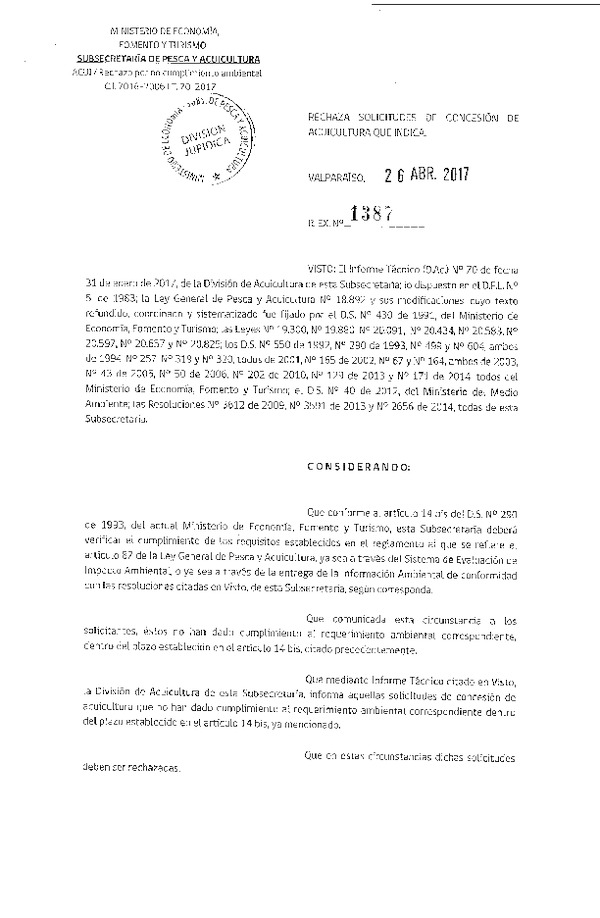 Res. Ex. N° 1387-2017 Rechaza solicitudes de concesión de acuicultura que indica.