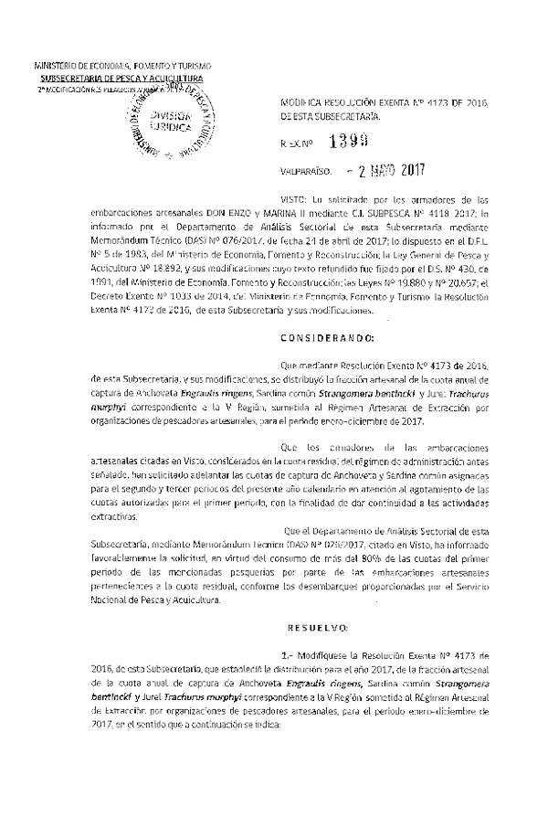 Res. Ex. N° 1399-2017 Modifica Res. Ex. N° 4173-2016 Distribución de la Fracción Artesanal Pesquería de Anchoveta, Sardina Común y jurel, V Región, Año 2017. (Publicado en Página Web 03-05-2017)