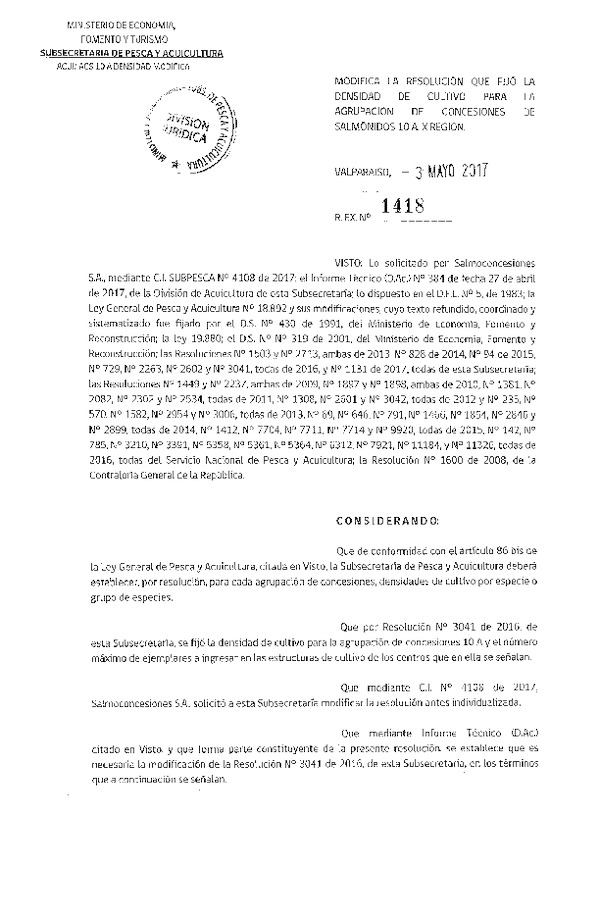 Res. Ex. N° 1418-2017 Modifica Res. Ex. N° 3041-2016 Fija densidad de cultivo para la agrupación de concesión de Salmónidos 10 A, X Región. (Publicado en Página Web 04-05-2017) (F.D.O. 09-05-2017)