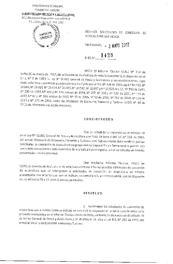 Res. Ex. N° 1429-2017 Rechaza solicitudes de concesión de acuicultura que indica.