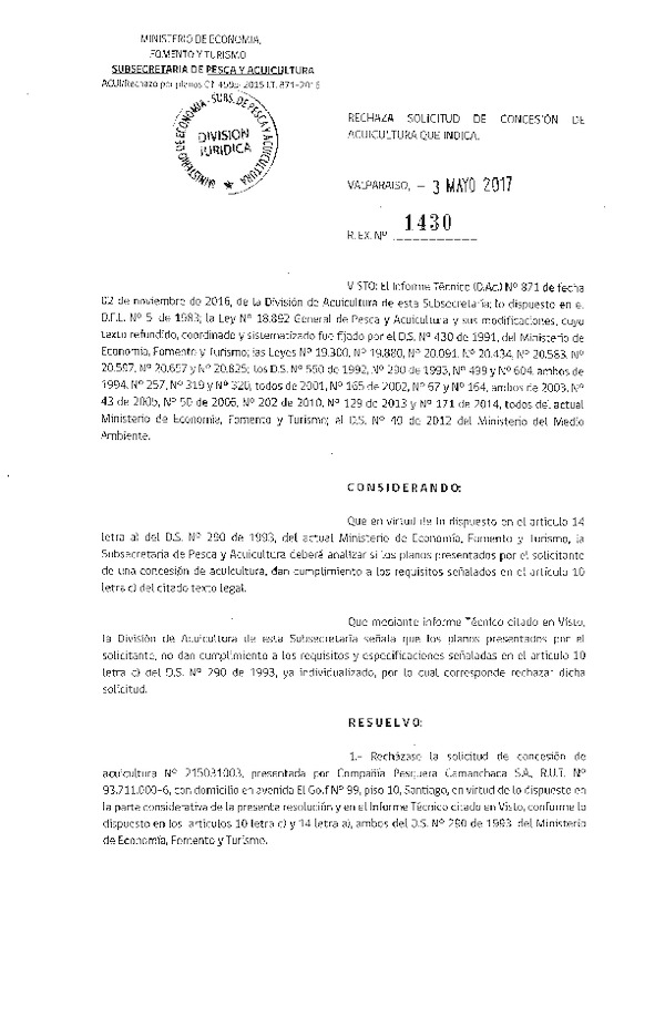 Res. Ex. N° 1430-2017 Rechaza solicitud de concesión de acuicultura que indica.