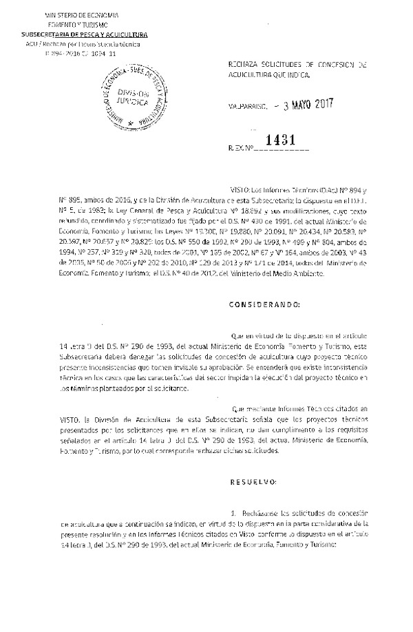 Res. Ex. N° 1431-2017 Rechaza solicitudes de concesión de acuicultura que indica.