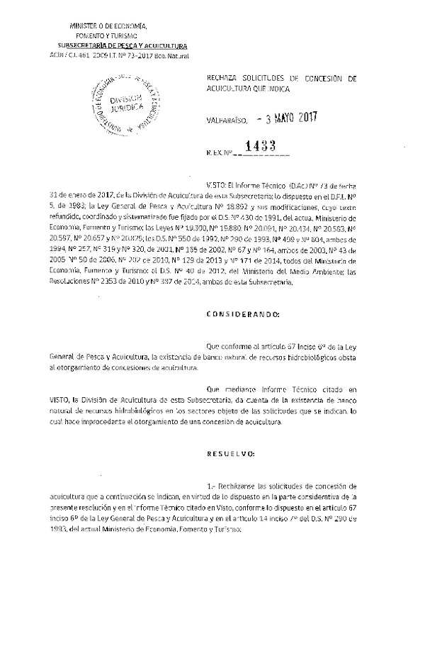 Res. Ex. N° 1433-2017 Rechaza solicitudes de concesión de acuicultura que indica.