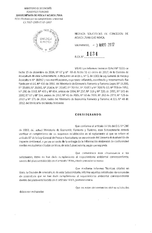 Res. Ex. N° 1434-2017 Rechaza solicitudes de concesión de acuicultura que indica.