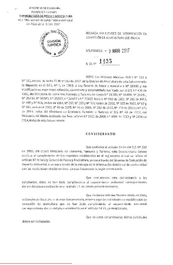 Res. Ex. N° 1435-2017 Rechaza solicitudes de concesión de acuicultura que indica.