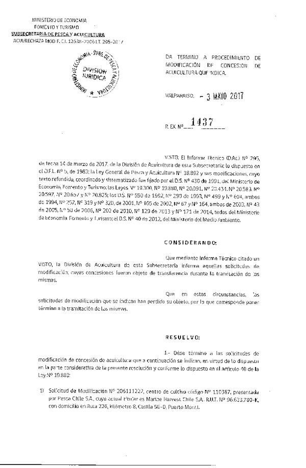 Res. Ex. N° 1437-2017 Da termino a procedimiento de modificación de concesiones de acuicultura que indica.