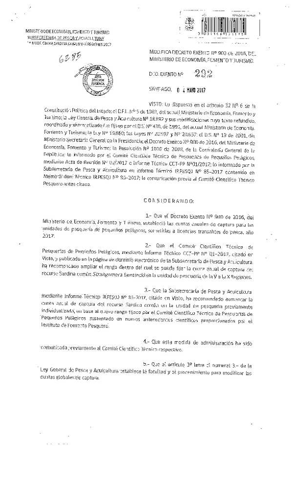 Dec. Ex. N° 292-2017 Modifica Dec. Ex. N° 900-2016 Establece Cuotas Anuales de Captura de Unidades de Pesquería de Recursos Pelágicos Pequeños que Indica, Sometidas a Licencias Transables de Pesca, Año 2017. (Publicado en Página Web 04-05-2017) (F.D.O. 09-05-2017)