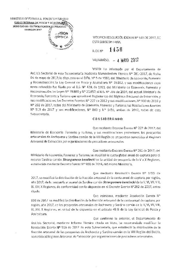 Res. Ex. N° 1456-2017 Modifica Res. Ex. N° 519-2017 Distribución de la fracción Artesanal de Pesquería de Anchoveta y Sardina común en la VIII Región, año 2017 (Publicado en Página Web 04-05-2017) (F.D.O. 12-05-2017)