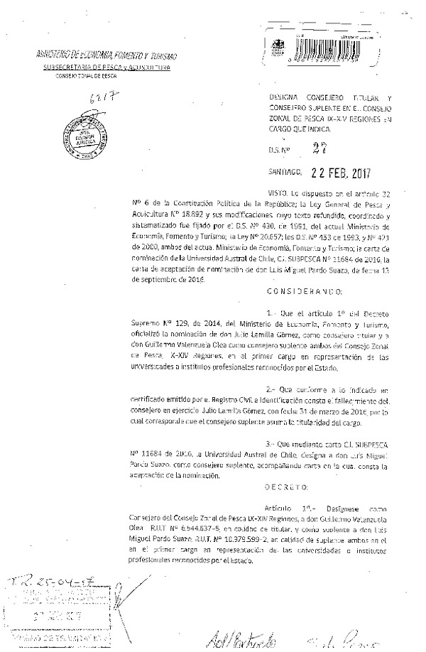 D.S. Nº 27-2017 Designa Consejero Titular y Consejero Suplente en el Consejo Zonal de Pesca IX-XIV Regiones. (F.D.O. 05-05-2017)