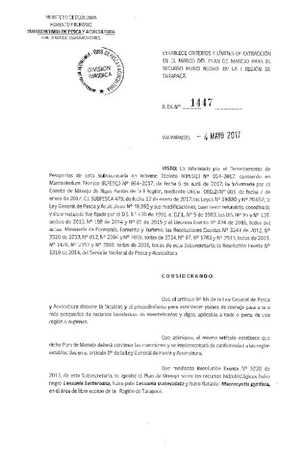 Res. Ex. N° 1447-2017 Establece Criterios y Límites de Extracción en el Marco del Plan de Manejo para el recurso Huiro Negro, en la I Región. (Publicado en Página Web 05-05-2017)