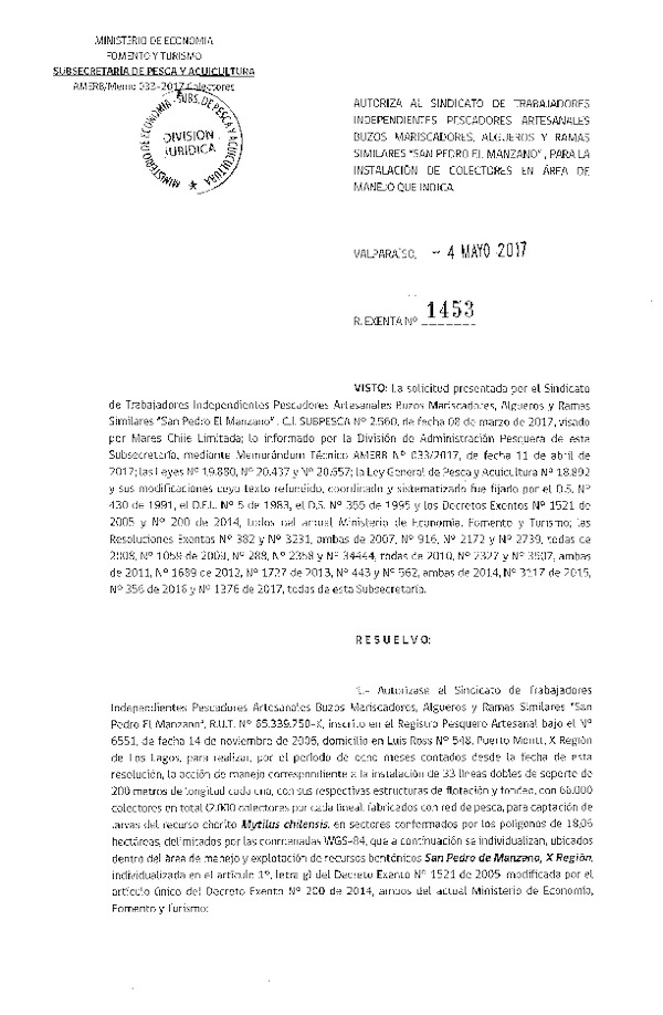 Res. Ex. N° 1453-2017 Instalación de Colectores.