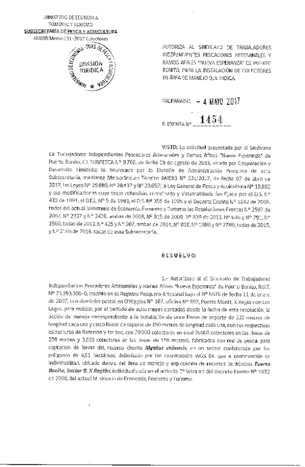 Res. Ex. N° 1454-2017 Instalación de Colectores.