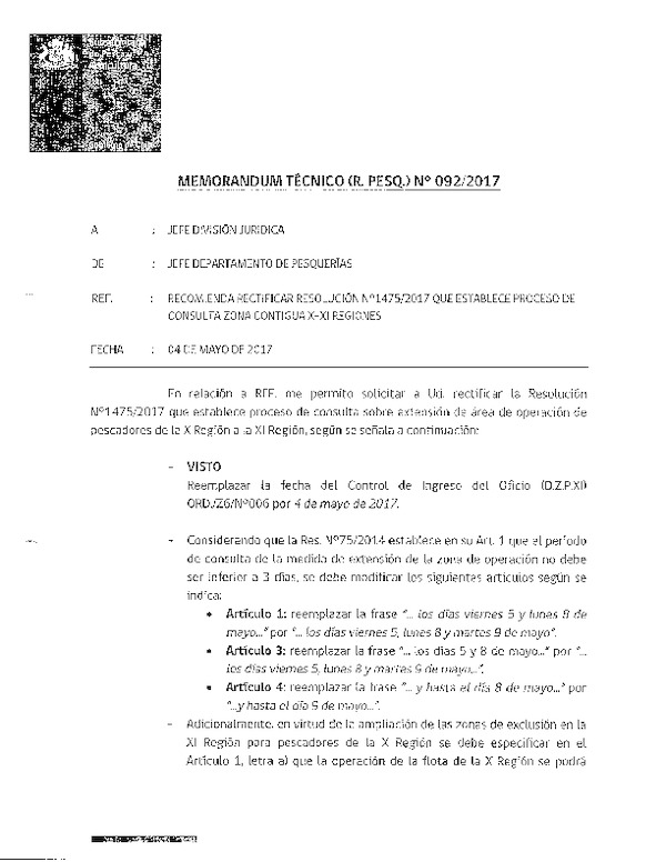 Informe Técnico (R. Pesq.) 92-2017 Recomienda Rectificación Res. Ex. N° 1475-2017