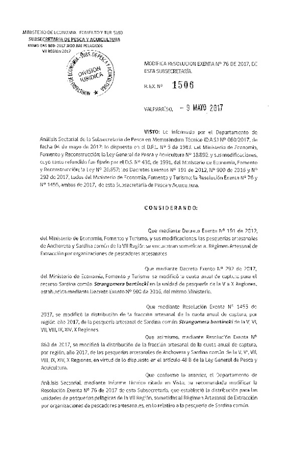 Res. Ex. N° 1506-2017 Modifica Res. Ex. N° 76-2017 Distribución de la Fracción Artesanal Pesquería de Anchoveta y Sardina Común, en la VII Región. (Publicado en Página Web 10-05-2017) (F.D.O. 16-05-2017)