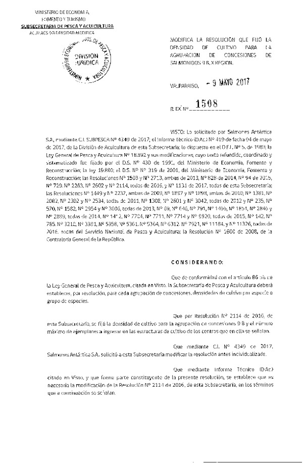 Res. Ex. N° 1508-2017 Modifica Res. Ex. N° 2114-2016 Fija densidad de cultivo para la Agrupación de concesión de Salmónidos 9 B, X Región. (Publicado en Página Web 10-05-2017) (F.D.O. 16-05-2017)