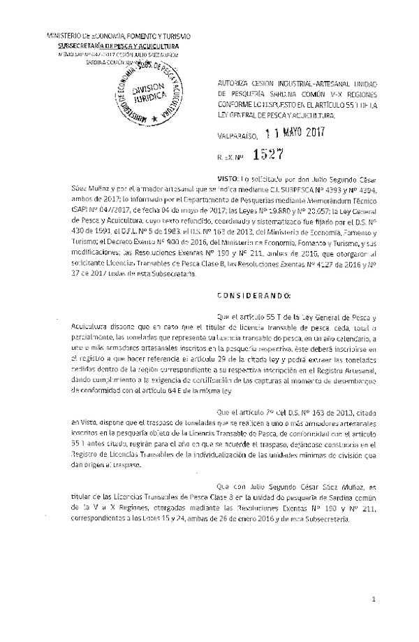 Res. Ex. N° 1527-2017 Autoriza cesión sardina común, XIV Región.
