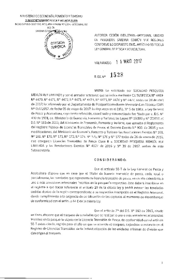 Res. Ex. N° 1528-2017 Autoriza cesión sardina común, XIV Región.