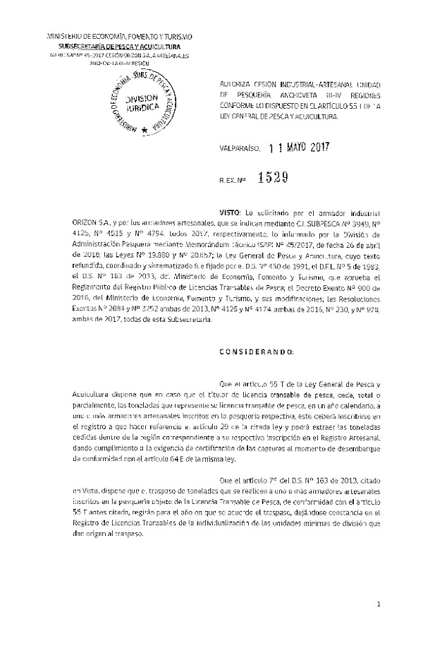 Res. Ex. N° 1529-2017 Autoriza cesión anchoveta, III-IV Región.