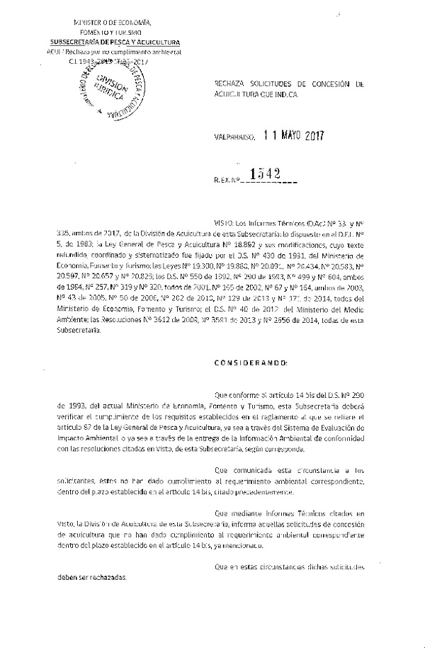 Res. Ex. N° 1542-2017 Rechaza solicitudes de concesión de acuicultura que indica.