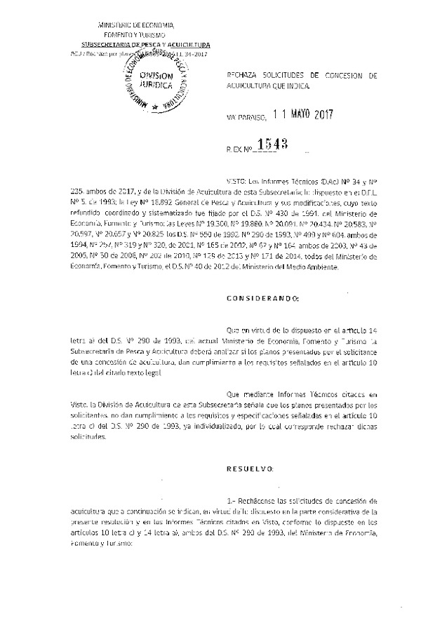 Res. Ex. N° 1543-2017 Rechaza solicitudes de concesión de acuicultura que indica.