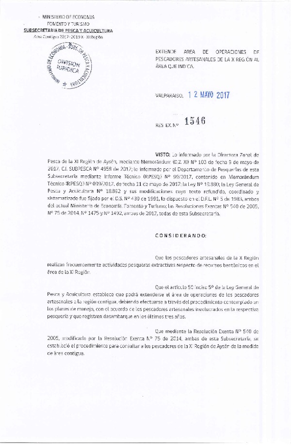 Res. Ex N° 1546-2017 Extiende Área de Operaciones de Pescadores Artesanales de la X Región al Área que Indica. (Con Informe Técnico) (Publicado en Página Web 12-05-2017) (F.D.O. 19-05-2017)