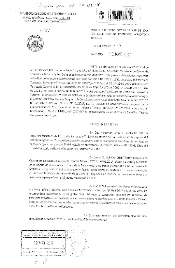 Dec. Ex. N° 327-2017 Modifica Dec. Ex. N° 896-2016 Establece Cuota Anual de Captura de las Especies Langostino Colorado, V-VIII Regiones, Año 2017. (Publicado en Página Web 16-05-2017) (F.D.O. 17-05-2017)