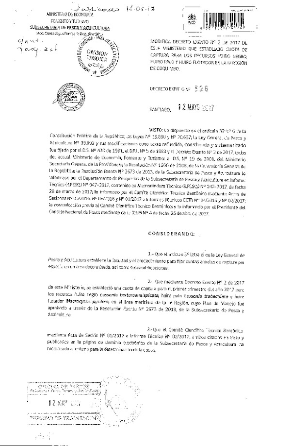 Dec. Ex. N° 328-2017 Modifica Dec. Ex. N° 2-2017 Establece Cuota de Captura Recursos Huiro Negro, Huiro Palo y Huiro Macro en la IV Región. (Publicado en Página web 16-05-2017) (F.D.O. 17-05-2017)