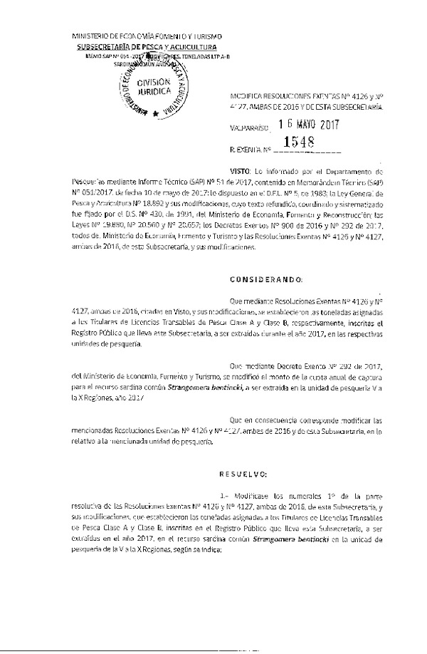 Res. Ex. N° 1548-2017 Modifica Res. Ex. N° 4126 y N° 4127, ambas de 2016, Establece Toneladas para Titulares de Licencias Transables de Pesca, Clase A, Año 2017. Fija Nómina de Titulares, Arrendatarios y Meros Tenedores. (Publicado en Página Web 16-05-2017) (F.D.O. 22-05-2017)