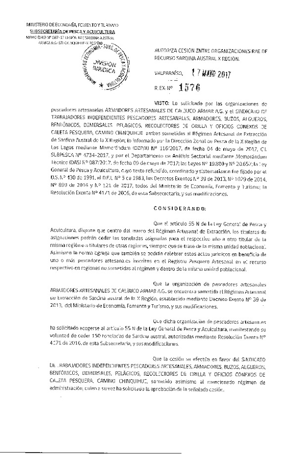 Res. Ex. N° 1576-2017 Autoriza cesión Sardina austral, X Región.