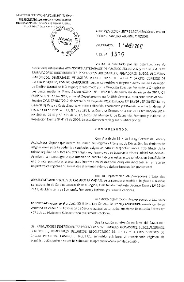 Res. Ex. N° 1576-2017 Autoriza cesión Sardina austral, X Región.