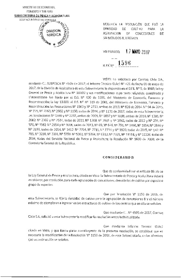 Res. Ex. N° 1596-2017 Modifica Res. Ex. N° 1150-2016 Fija densidad de cultivo para la agrupación de concesión de Salmónidos 8, X Región. (Publicado en Página Web 17-05-2017) (F.D.O. 23-05-2017)