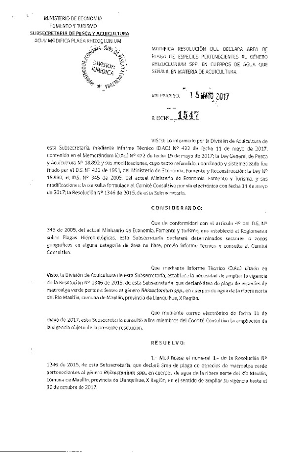 Res. Ex. N° 1547-2017 Modifica Res. Ex. N° 1346-2015 Declara Área de Plaga Cuerpos de Agua Río Maullín, X Región. (Publicado en Página Web 17-05-2017))