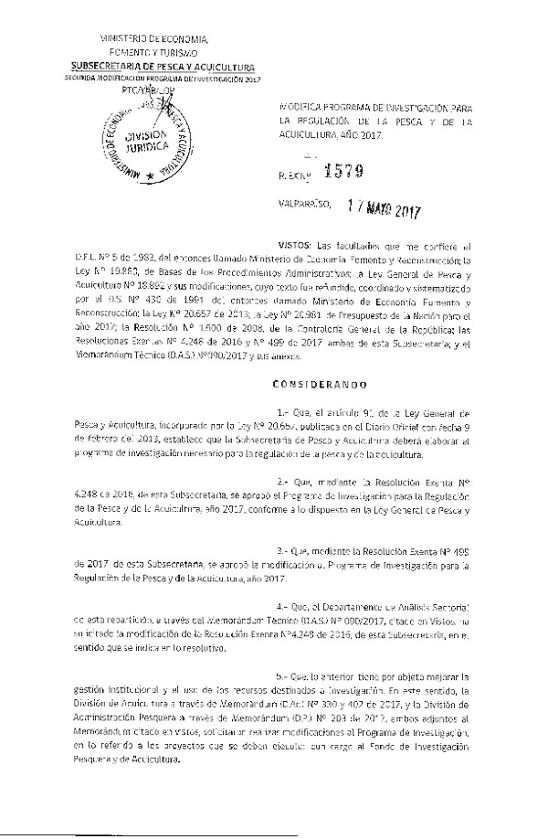 Res. Ex. N° 1579-2017 Modifica Res. Ex. N° 4248-2016 Aprueba Programa de Investigación para la Regulación de la Pesca y Acuicultura, Año 2017. (Publicado en Página Web 17-05-2017)