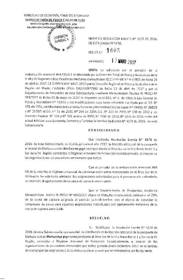 Res. Ex. N° 1602-2017 Modifica Res. Ex. N° 4178-2016 Distribución de la Fracción Artesanal de la Pesquería de Merluza Común Individual en la VI-VII Regiones, Año 2017. (Publicado en Página Web 18-05-2017)