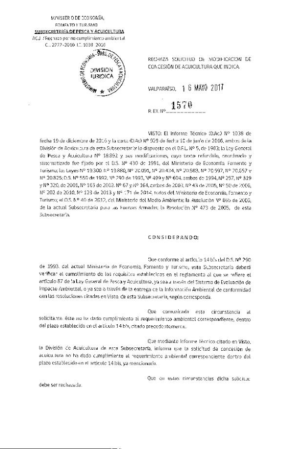 Res. Ex. N° 1570-2017 Rechaza solicitud de modificación de concesión de acuicultura que indica.