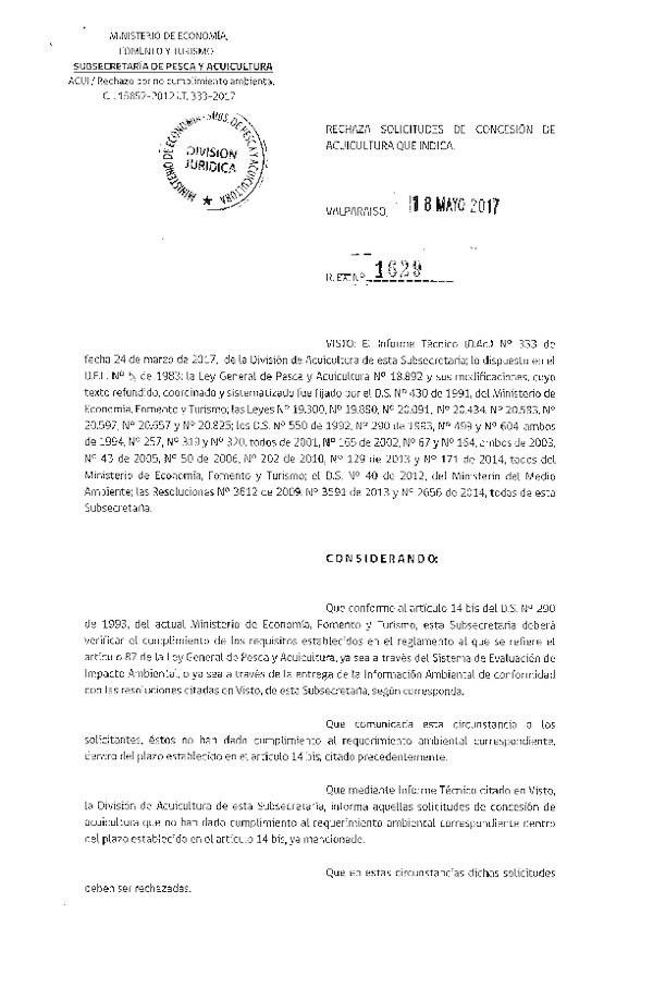 Res. Ex. N° 1629-2017 Rechaza solicitudes de concesión de acuicultura que indica.