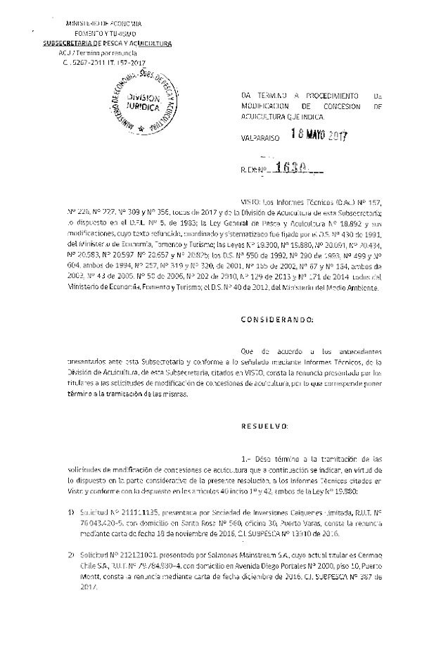 Res. Ex. N° 1630-2017 Da termino a procedimiento de modificación de concesiones de acuicultura que indica.