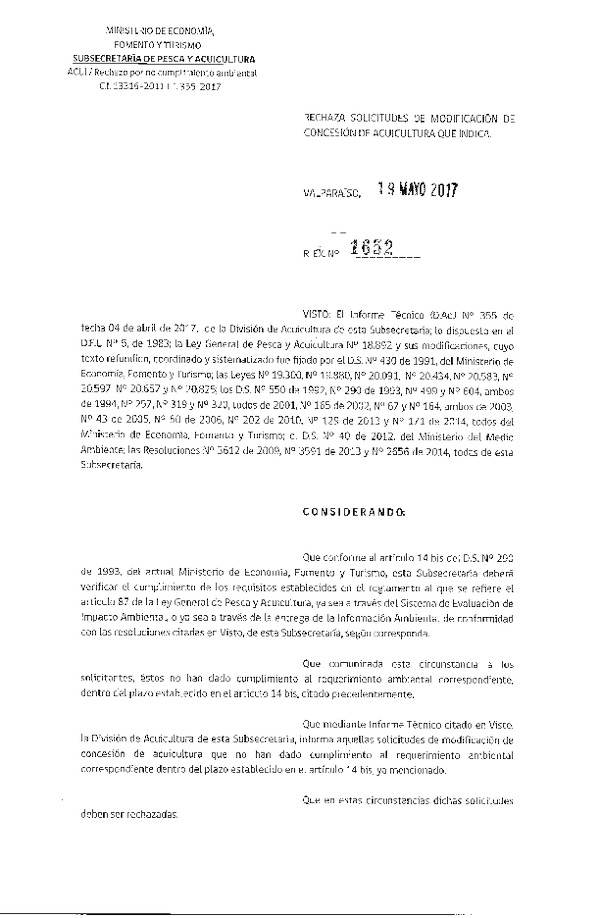 Res. Ex. N° 1652-2017 Rechaza solicitudes de modificación de concesión de acuicultura que indica.