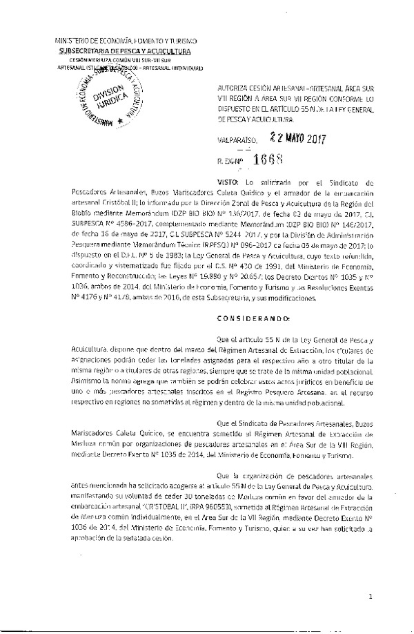 Res. Ex. N° 1668-2017 Autoriza Cesión Merluza común, VIII  a VII Región.