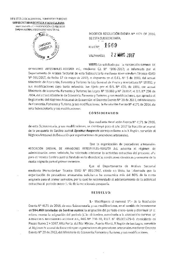 Res. Ex. N° 1669-2017 Modifica Res. Ex. N° 4171-2016 Distribución de la Fracción Artesanal de Pesquería de Sardina Austral, X Región, año 2017. (Publicado en Página Web 22-05-2017)