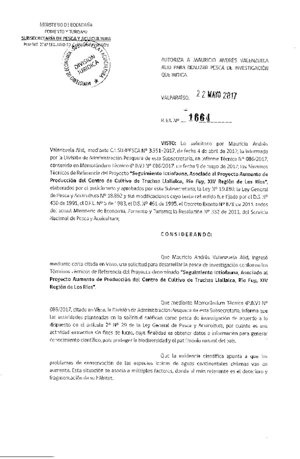 Res. Ex. N° 1664-2017 Seguimiento íctofauna Río Fuy, XIV Región.