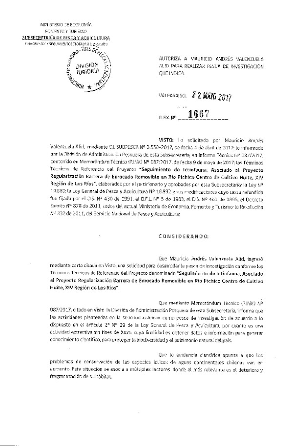 Res. Ex. N° 1667-2017 Seguimiento de íctiofauna río Pichico, XIV Región.