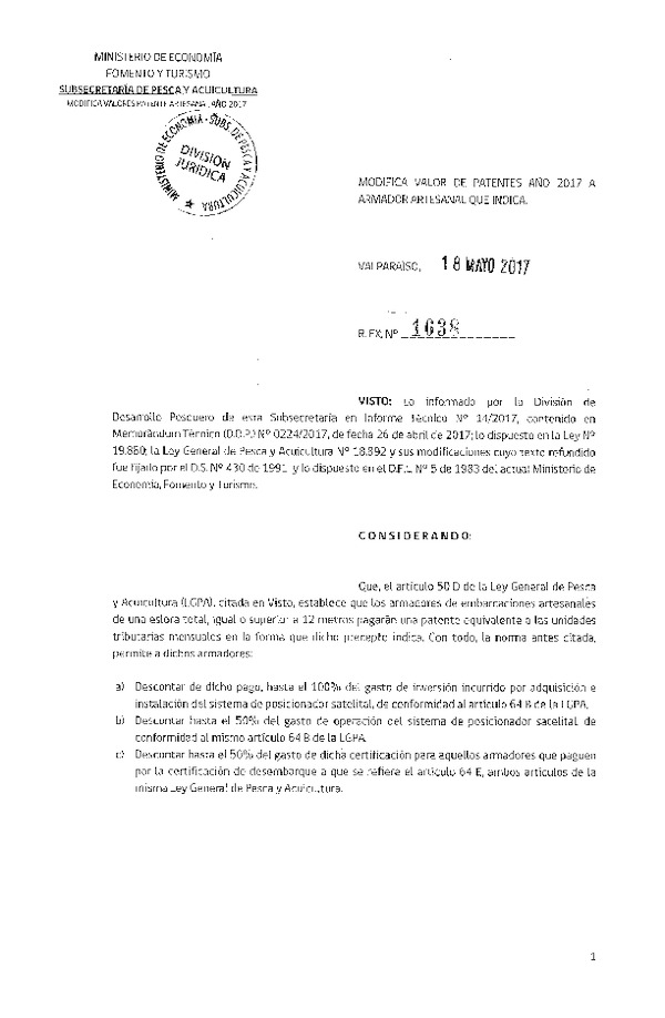 Res. Ex. N° 1638-2017 Modifica valor de patentes año 2017 a armadores artesanales que indica.